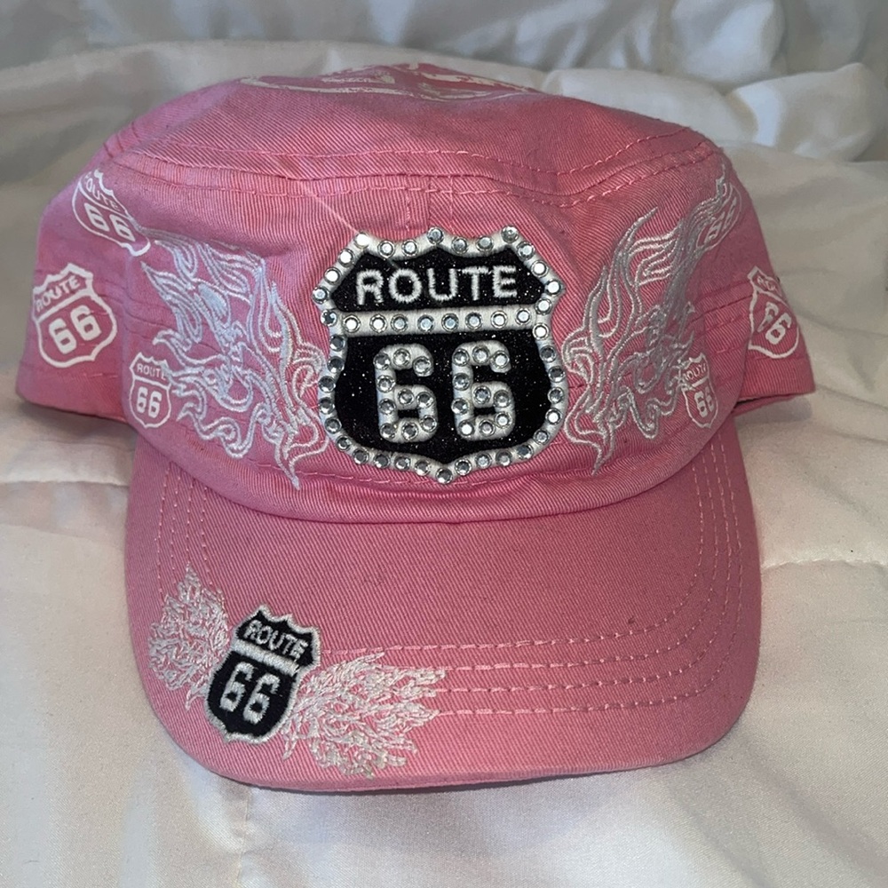 Route 66 Pink Cadet Cap Hat OSFM Rhinestone Military Style